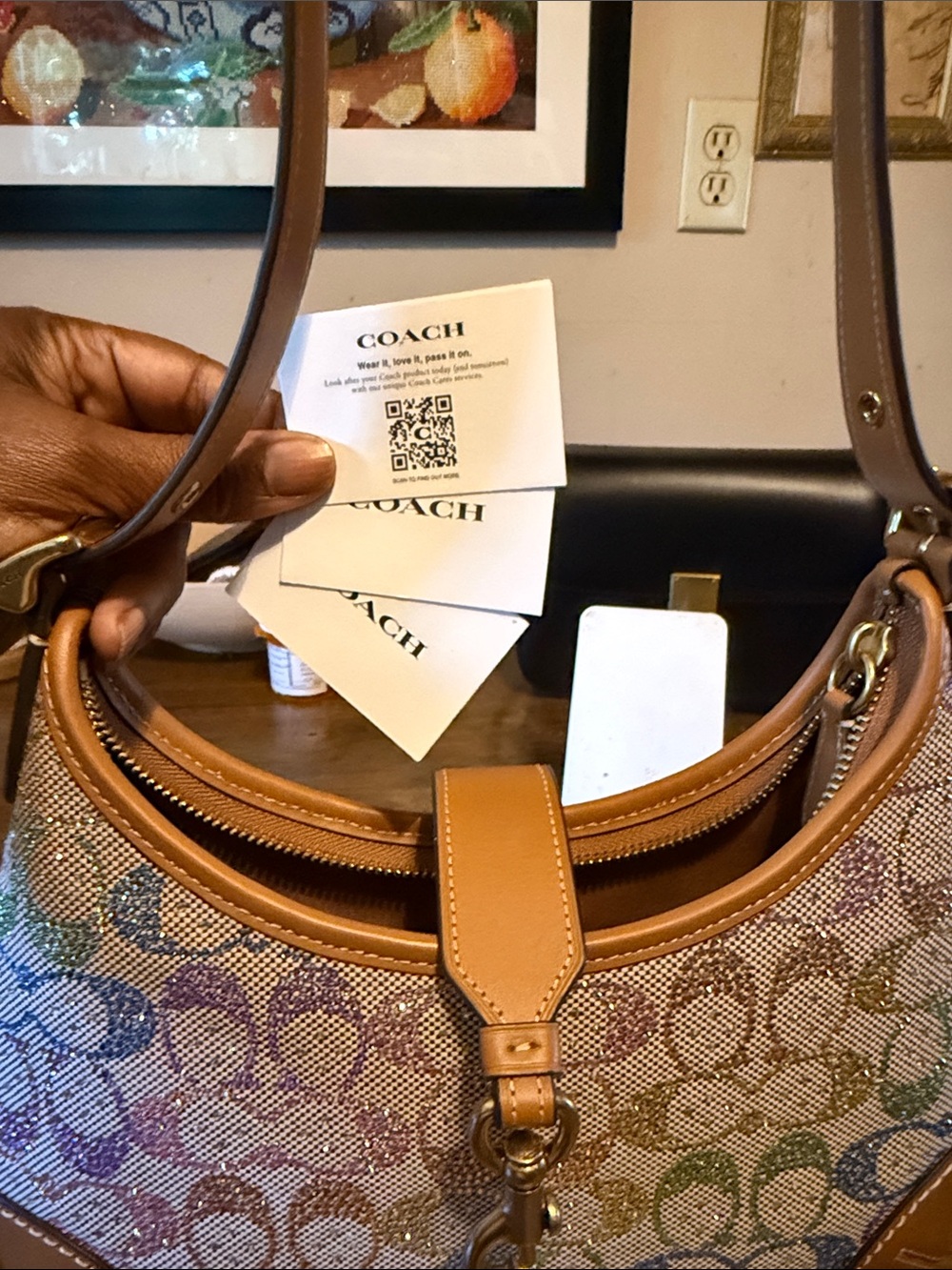 Coach Multicolor Signature Crescent Shoulder Bag with Tan Leather Trim - Picture 8 of 11